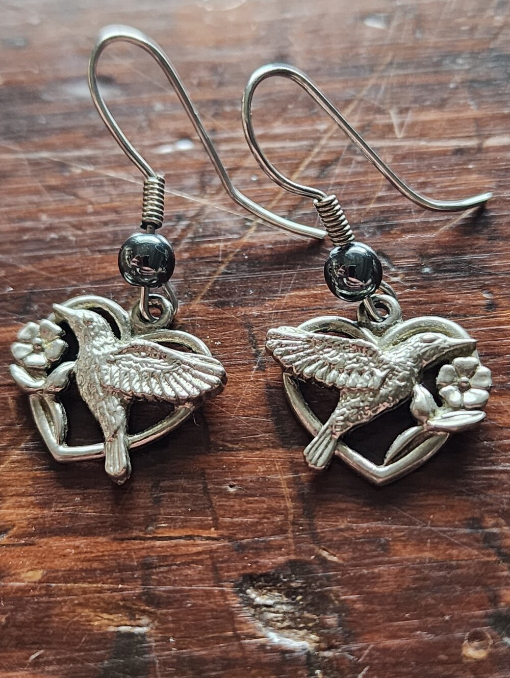 Vintage Sterling Tone Hummingbird Dangle Earrings Pierced Hook Marked Floral